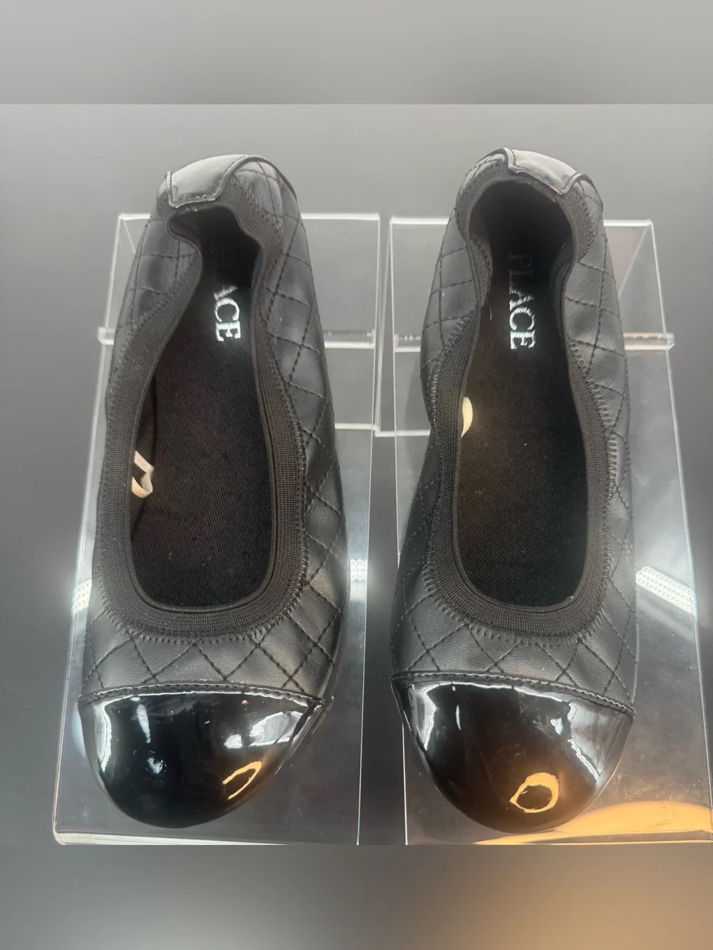 Place Girls Black Quilted Slip-On Ballet Flat with Patent Cap Size 2